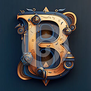 Capital letter B, steampunk alphabet in bronze metal and navy blue, AI generative