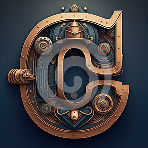 Capital letter C, steampunk alphabet in bronze metal and navy blue, AI generative