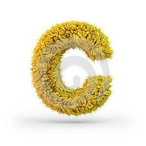 Capital letter C. Uppercase. Yellow fluffy and furry font. 3D