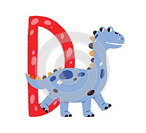 Capital letter D of childish English alphabet with cute baby dinosaur. Kids font with funny animal for kindergarten and