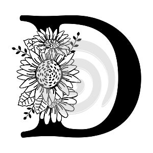 Capital letter D with flowers monogram drawing