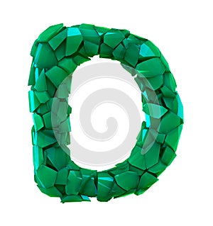 Capital letter D made of broken plastic green color isolated on white background