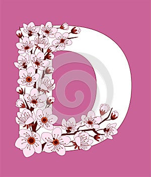 Capital letter D patterned with cherry blossom twig