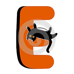 Capital Letter E,Orange Alphabet Clipart with Black Cat