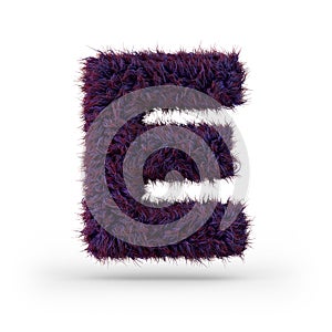 Capital letter E. Uppercase. Purple fluffy and furry font. 3D