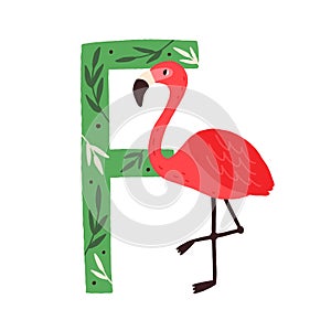 Capital letter F of childish English alphabet with funny flamingo. Scandi kids font with cute bird for children in