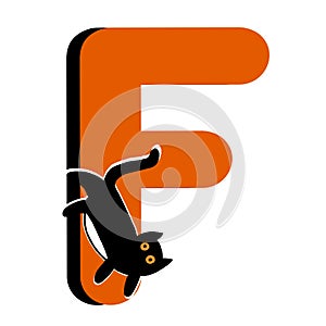 Capital Letter F,Orange Alphabet Clipart with Black Cat