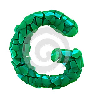 Capital letter G made of broken plastic green color isolated on white background