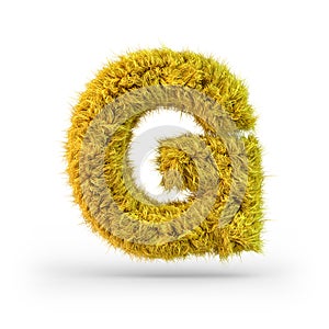 Capital letter G. Uppercase. Yellow fluffy and furry font. 3D
