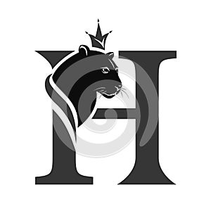 Capital Letter H with Black Panther. Royal Logo. Cougar Head Profile. Stylish Template. Tattoo. Creative Art Design. Emblem for B