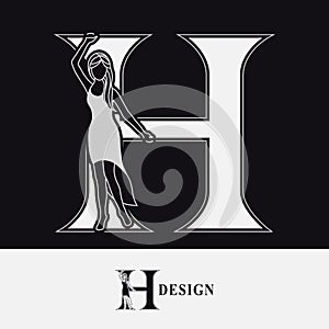 Capital letter H with Pretty Girl. Drawn Monogram for Logo Design, Invitations, Book, Restaurant, Services, Salons, Advertising,