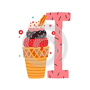 Capital letter I of childish English alphabet with ice cream. Kids sweet font with icecream for nursery and kindergarten