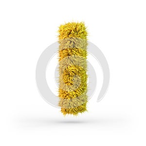 Capital letter I. Uppercase. Yellow fluffy and furry font. 3D