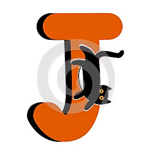 Capital Letter J,Orange Alphabet Clipart with Black Cat