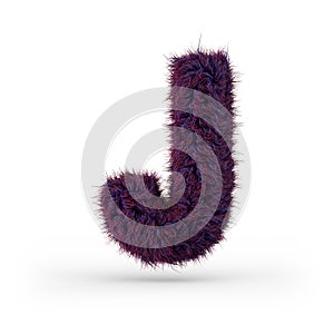 Capital letter J. Uppercase. Purple fluffy and furry font. 3D