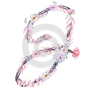 Capital letter J of watercolor pink and purple flowers
