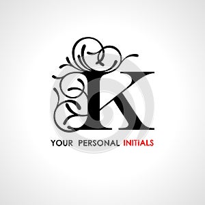 Capital letter K . Decorated with vegetable ornament. Template for your logo, emblems, monograms, initials.