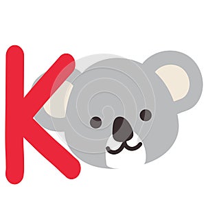 Capital letter K of English alphabet with cute cartoon koala. Funny font for kindergarten and preschool education