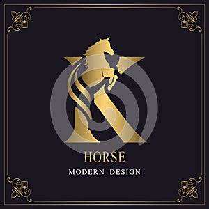 Capital Letter K with a Horse. Royal Logo. King Stallion in Jump. Racehorse Head Profile. Gold Monogram on Black Background with