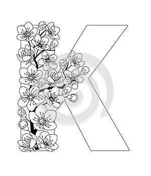 Capital letter K patterned with contour drawn sakura twig