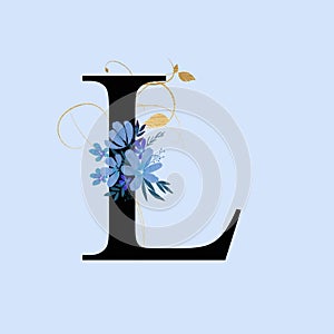 Capital letter L decorated with blue flowers and golden swirls. Letter of the English alphabet with floral decoration. Floral