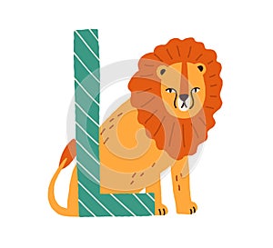 Capital letter L of English childish alphabet with animal in scandi style. Kids font with lion for language learning and