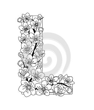 Capital letter L patterned with contour drawn sakura twig