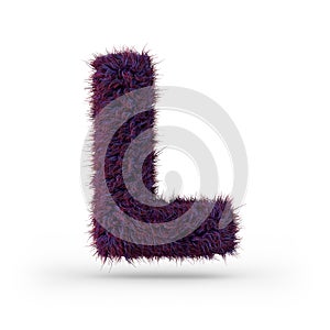 Capital letter L. Uppercase. Purple fluffy and furry font. 3D