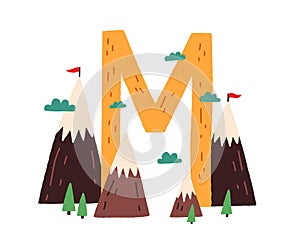 Capital letter M of English childish alphabet with animal in scandi style. Kids font with mountains for kindergarten and