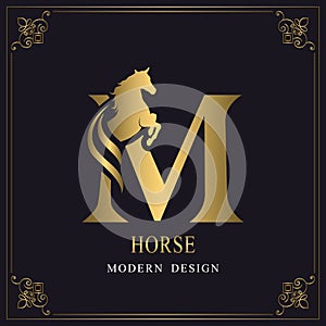 Capital Letter M with a Horse. Royal Logo. King Stallion in Jump. Racehorse Head Profile. Gold Monogram on Black Background with