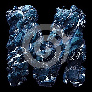 Capital letter M made of ice isolated on black background. 3d