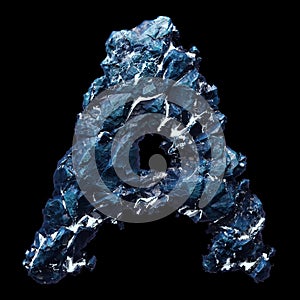 Capital letter A made of ice isolated on black background. 3d