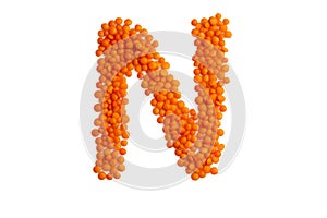 The capital letter 'N' formed from red lentil grains against a clean white backdrop.