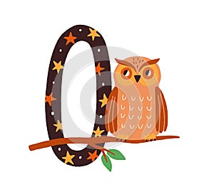 Capital letter O of childish English alphabet with owl in scandi style. Kids font with bird for kindergarten and photo