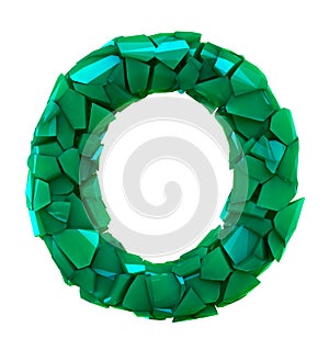 Capital letter O made of broken plastic green color isolated on white background