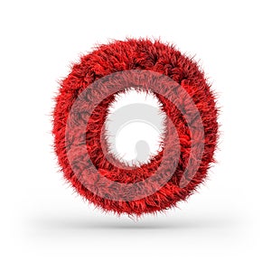 Capital letter O. Uppercase. Red fluffy and furry font. 3D