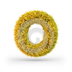 Capital letter O. Uppercase. Yellow fluffy and furry font. 3D