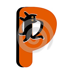 Capital Letter P,Orange Alphabet Clipart with Black Cat