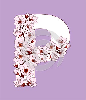 Capital letter P patterned with cherry blossom twig