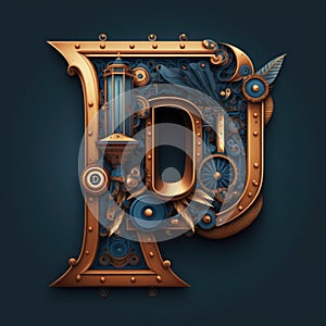 Capital letter P, steampunk alphabet in bronze metal and navy blue, AI generative