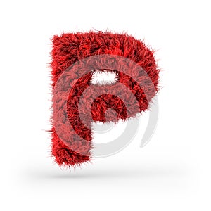 Capital letter P. Uppercase. Red fluffy and furry font. 3D