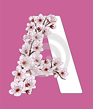 Capital letter A patterned with cherry blossom twig
