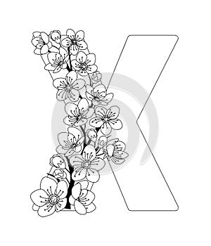 Capital letter X patterned with contour drawn sakura twig