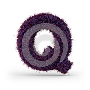Capital letter Q. Uppercase. Purple fluffy and furry font. 3D