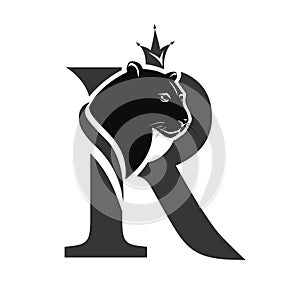 Capital Letter R with Black Panther. Royal Logo. Cougar Head Profile. Stylish Template. Tattoo. Creative Art Design. Emblem  for B