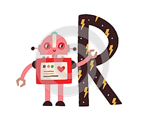 Capital letter R of childish English alphabet with robot. Kids font with cute character for kindergarten and preschool