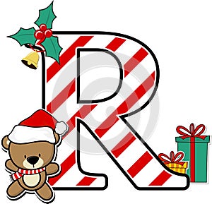 Capital letter r with cute teddy bear and christmas design elements