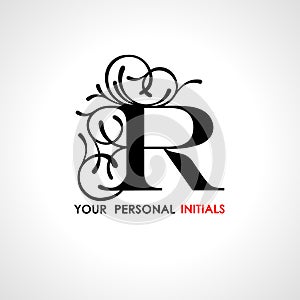 Capital letter R . Decorated with vegetable ornament. Template for your logo, emblems, monograms, initials.