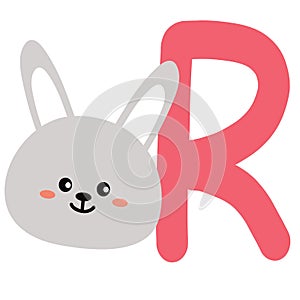 Capital letter R of English alphabet with cute cartoon Rabbit. Funny font for kindergarten and preschool education