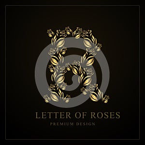 Capital letter R. Golden Buds of Roses. Elegant Monogram on Black Background. Premium Design. Gorgeous Flowers. Floral Identity